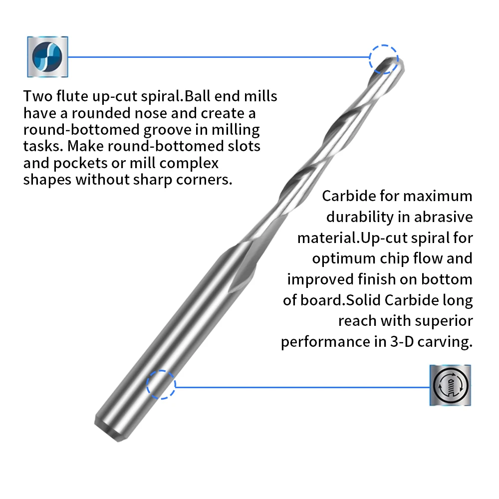 タングステン無垢木工工作機械、両刃スパイラル、ボールヘッドエンドミル、CNCルーターカッター、切断mdf、3.175mm