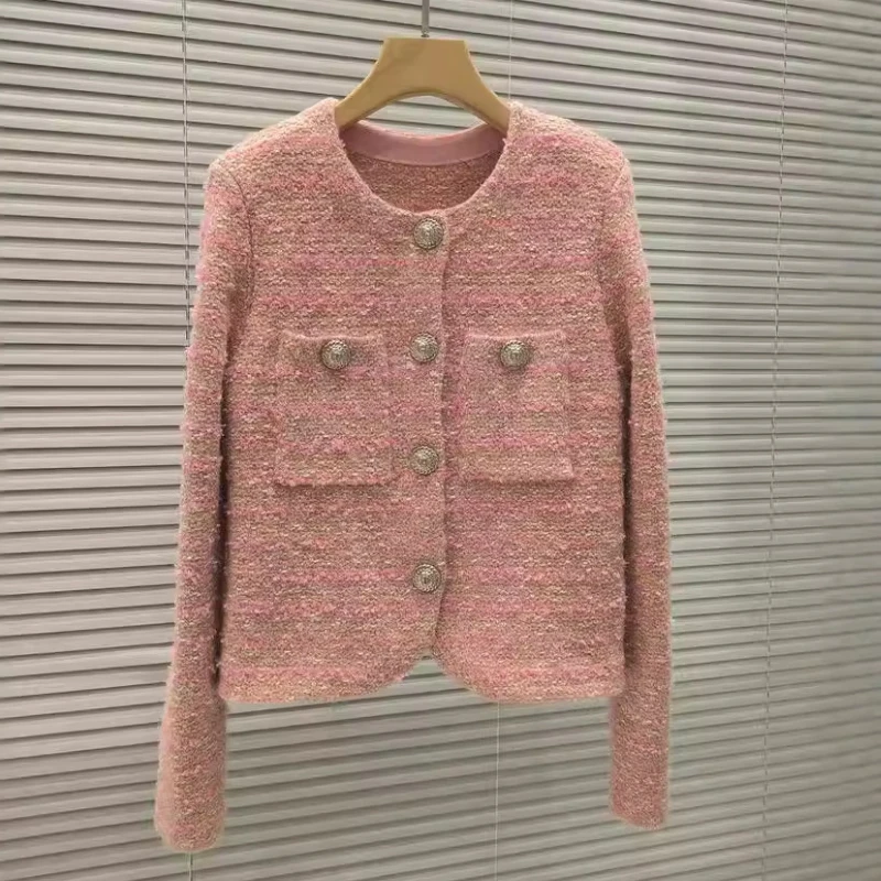 Women's vintage tweed coat long sleeves round neck knitted metal buttons elegant top