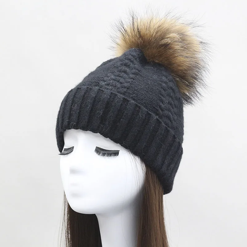 

JANEFUR 8 Colors Women Angora Beanie Hat With Real Raccoon Fur Pom Pom Women Warm Hat Outdoor Winter Knitted Cap In Stock