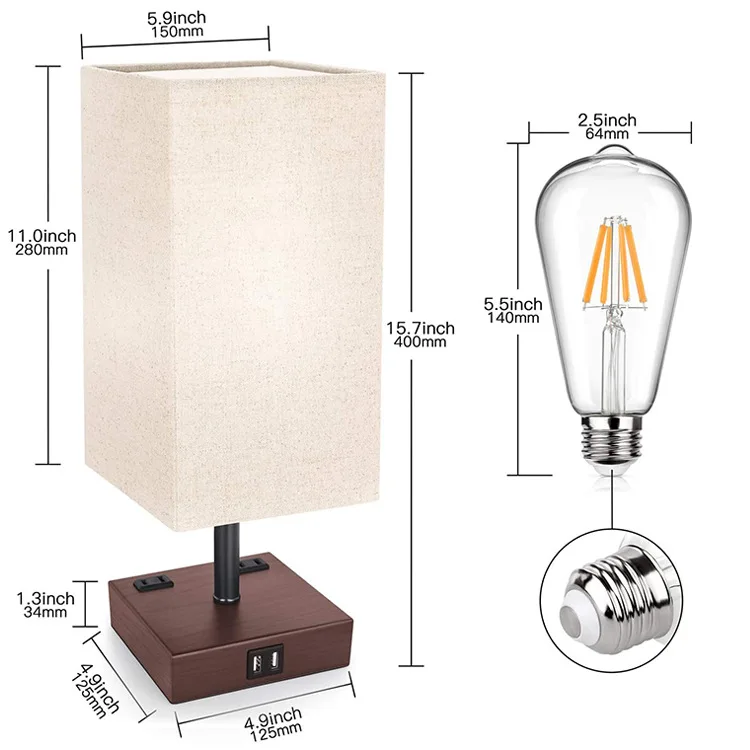 Smart modern fabric shade  USB charging port and outlet square metal base table beside lamp