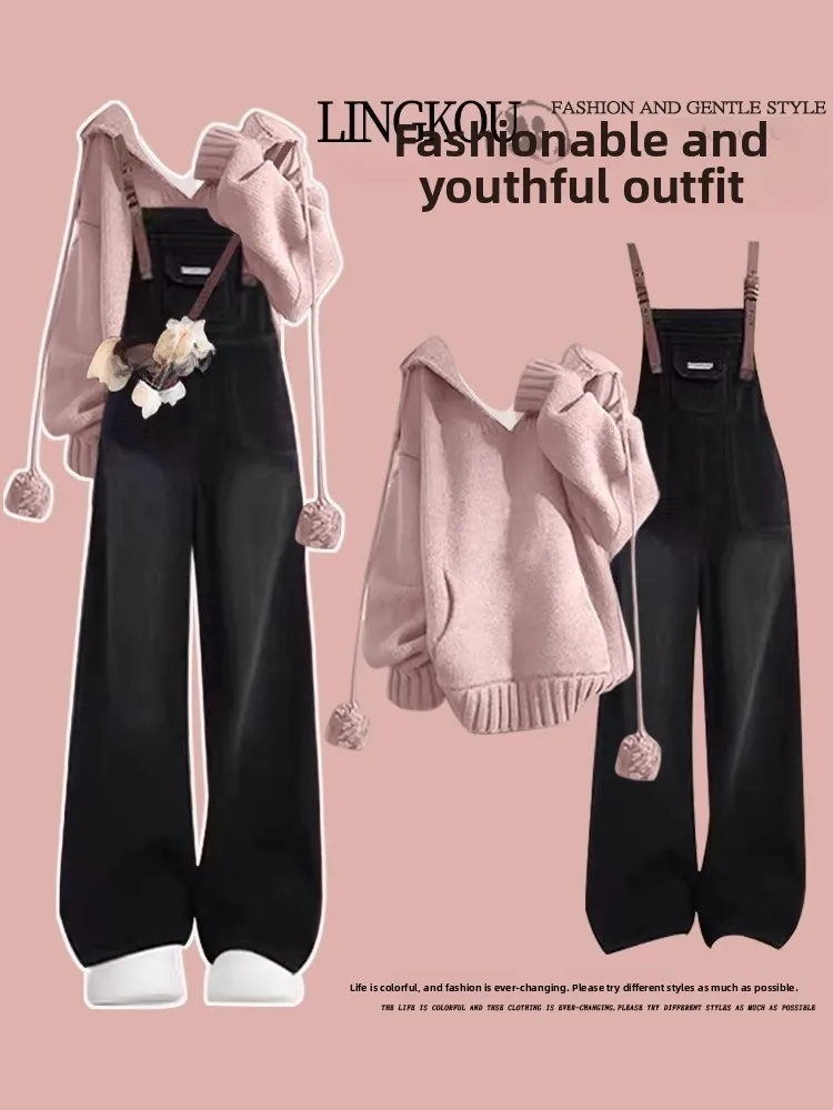 Sweet Sle Age-Defng Strickpullover und lockere Jeans-Overalls, zweiteiliges Set für Damen, Herbstsaison, Freizeitkleidung