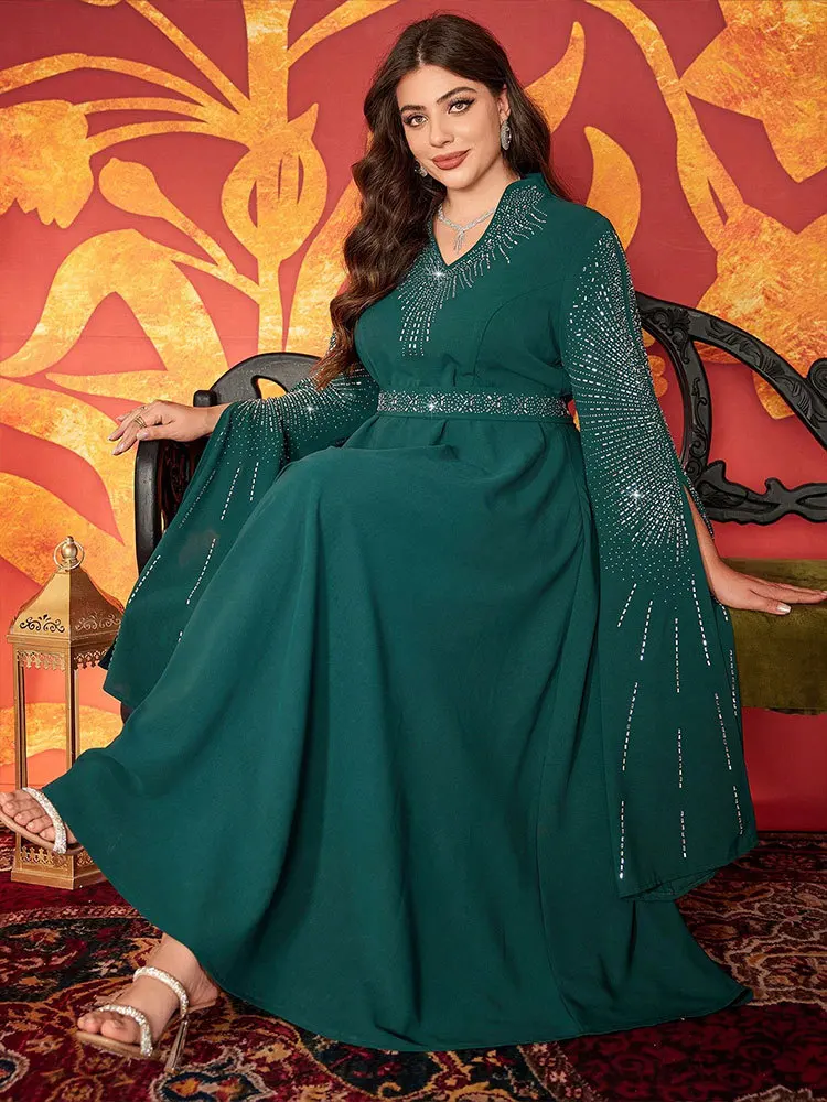 2025 moyen-orient musulman nouvelle mode femmes diamant clouté col en v décontracté à la mode grande taille robes de cérémonie vêtements féminins