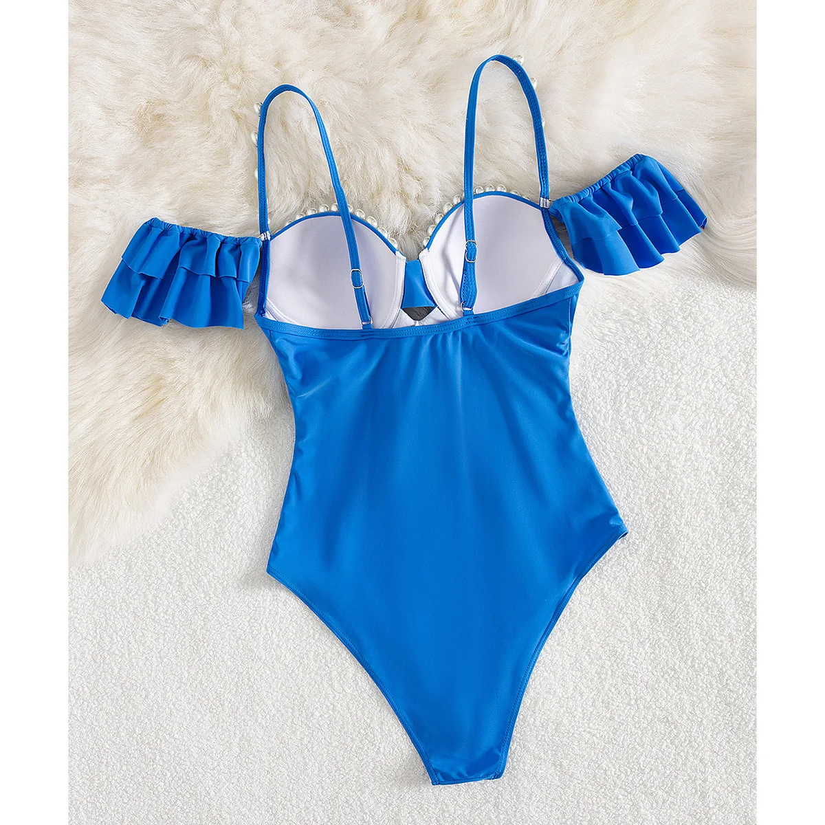 เซ็กซี่สีทึบ Ruffled One- Piece ชุดว่ายน้ําผู้หญิง Pearl Accessorized Monokini Femme ชุดว่ายน้ํา 2025 ชุดว่ายน้ําสไตล์ใหม่