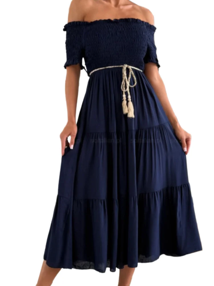 

Elegant Solid Dress Lady Fashion Short Sleeve Slash Neck Off Shoulder High Waist Loose Dresses For Women Holiday Party Clothes