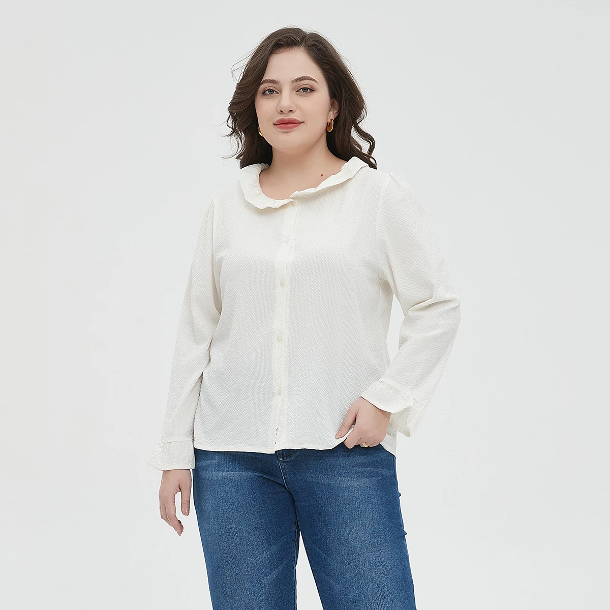 Blusa frontal feminina de botão monocromático, manga comprida, casual de colarinho, plus size, roupas femininas para primavera e outono, L048
