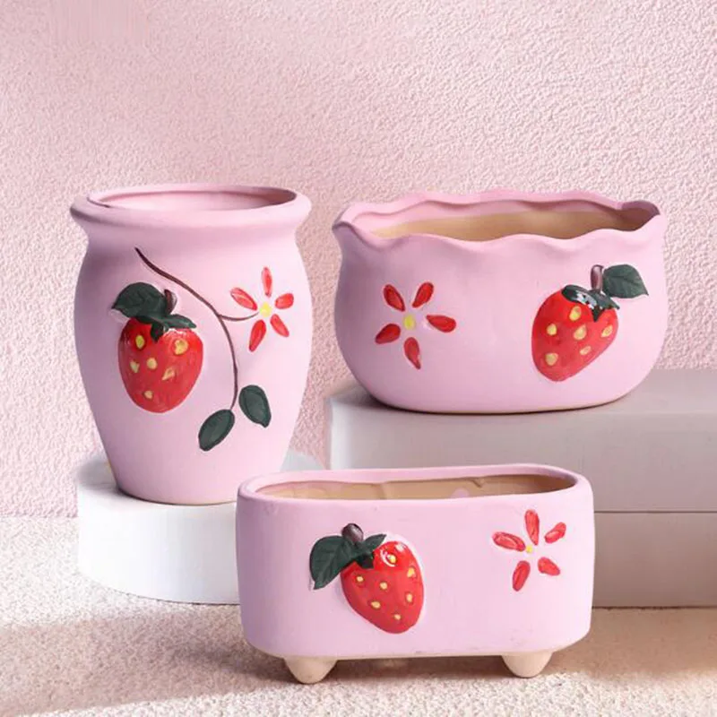 Simplicity Cute Pink Strawberry Pattern Flowerpot Coarse Pottery Succculent Plant Pot Breathable Vase with A Hole Garden Decor