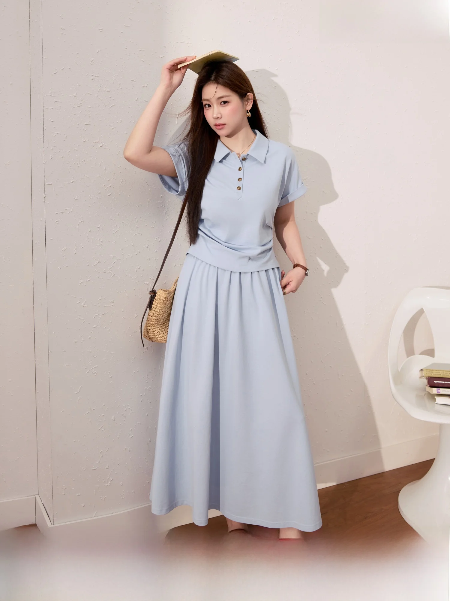 

Летний новый комплект одежды: синий повседневный облегающий топ и юбка А-силуэта для полных женщин