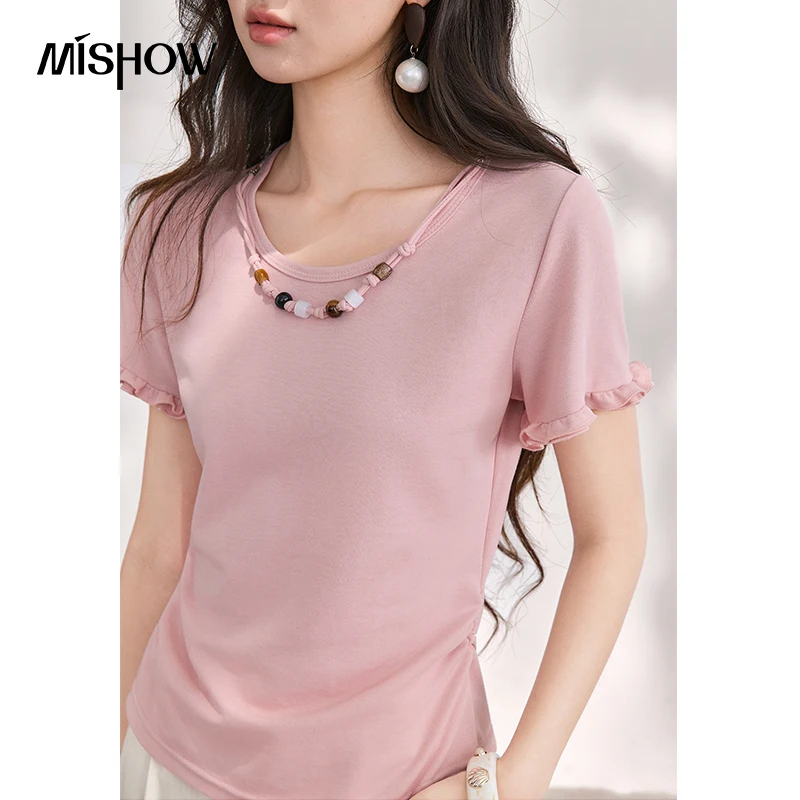 MISHOW Beaded Decorative T-Shirt For Women 2026 Summer New Ruffles Sleeve Pleated Slim Fit Minimalist Basic Tee Top MXF29T1691