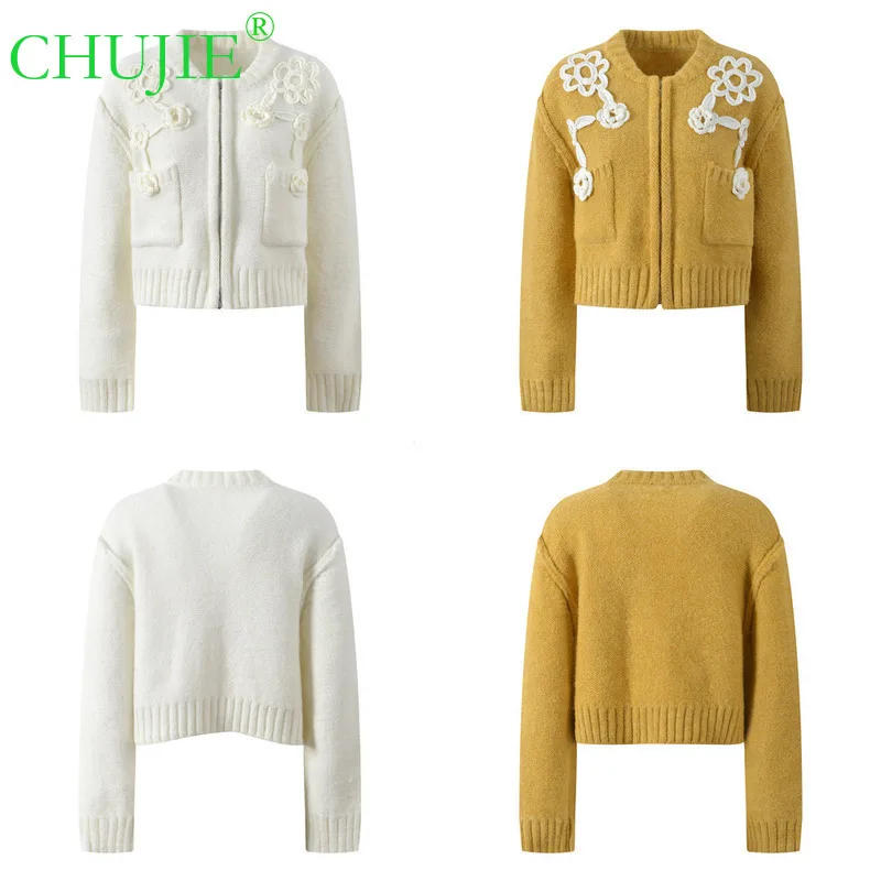 

CHUJIE 2022, осенний новый стиль, ленивый стиль, трехмерный вязаный крючком декор, модный короткий свитер с круглым вырезом, вязаный кардиган, пальто