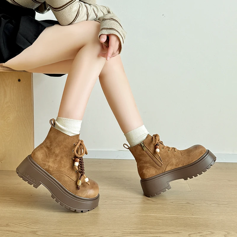 أحذية نسائية عالية الكاحل، أحذية جلدية كاجوال متعددة الأغراض على الطراز البريطاني متعددة الأغراض لزيادة الارتفاع #5