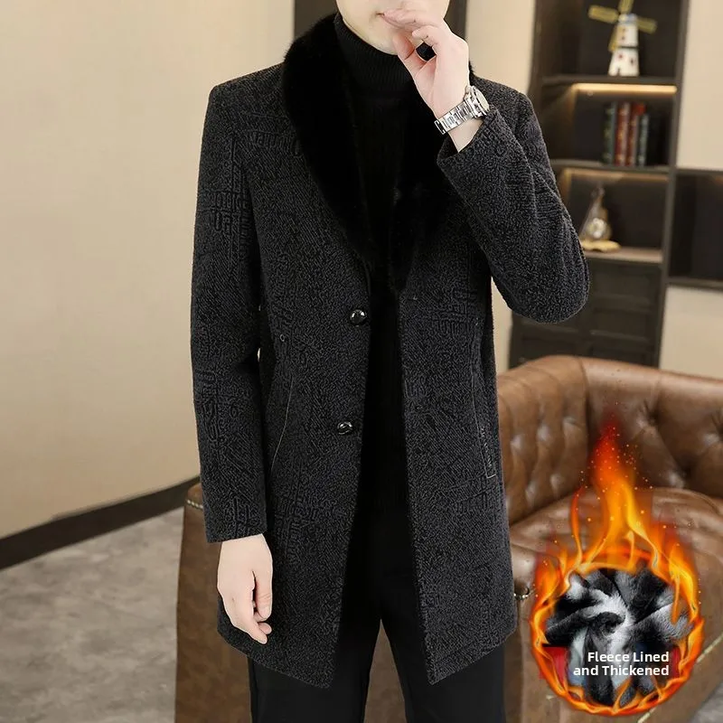 

Men's Mid-Length Woolen Coat Thiened Fce Lined Slim Fit Trendy Patchwork Winter Outerwear Cleanfit Sle PU Material