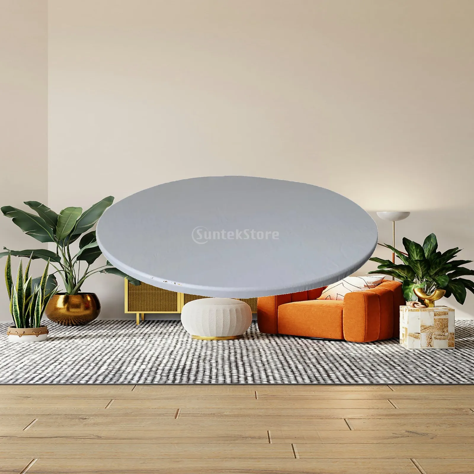 Round Elastic Fitted Polyester Tablecloth Waterproof Table Top Cover Anti-slip Pad for Dining Room Kitchen Outdoor Party Decor