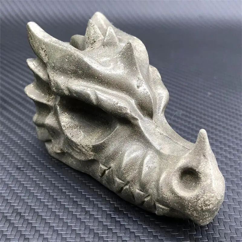 

Natural Pyrite Crystal Handmade Carved Dragon Head Skull Polished Powerful Statue For Home Decoration Gift