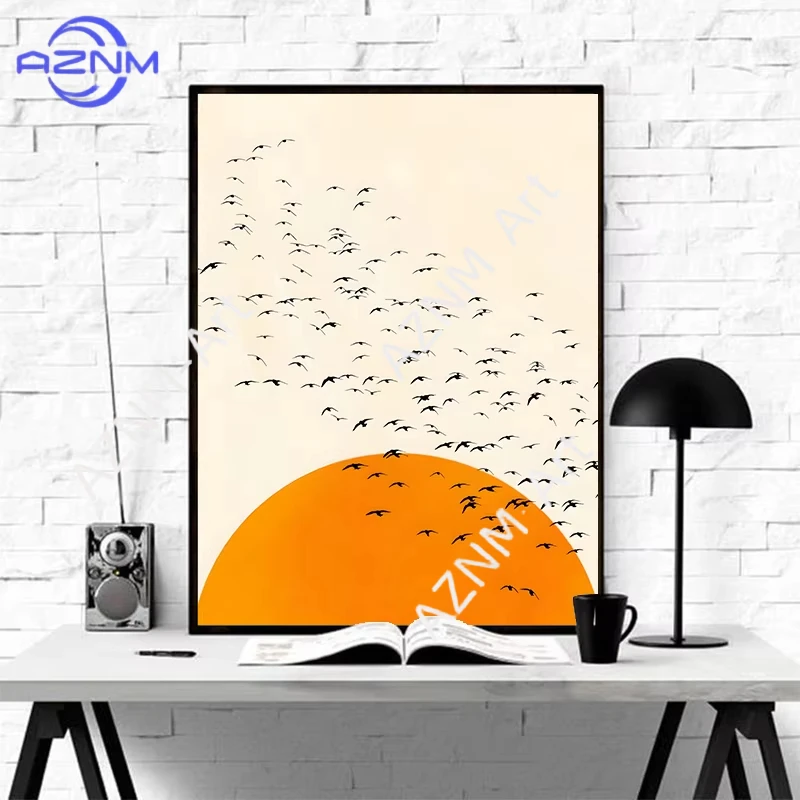 Japanese Minimalist Houndstooth and Sun Canvas Poster Bird Flying Over The Sun Landscape Wall Art Print Picture for Home Decor