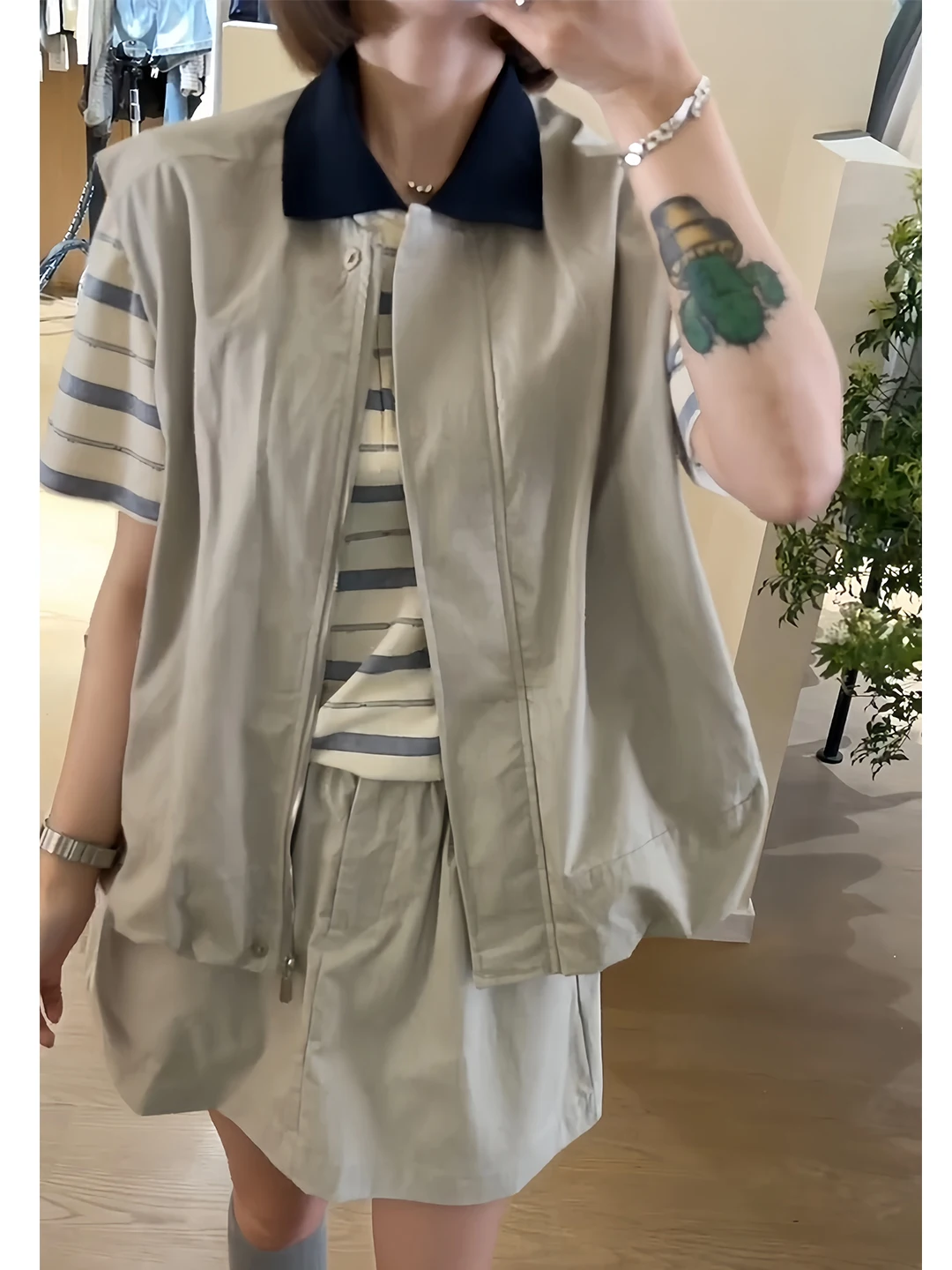 Casual Stripe Short Sleeve Women's Three-Piece Set Summer Fashion Loose Vest Skirt Outfit Comfortable Breathable Anti-Wrinkle