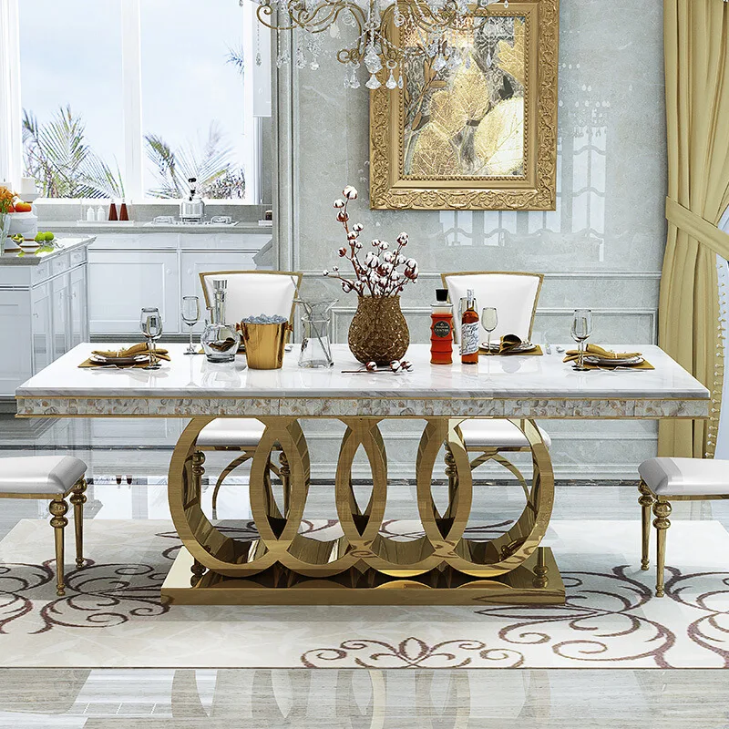 

Light luxury dining table and chairs rectangular high-end marble dining table modern simple stainless steel dining table househo