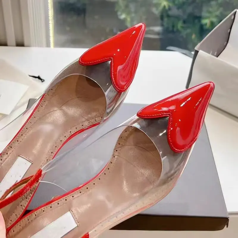

26 Spring/Summer Pointed Love Transparent Splicing Sandals For Women With Thin Heels And Headless Back Hollow Shoes for Women
