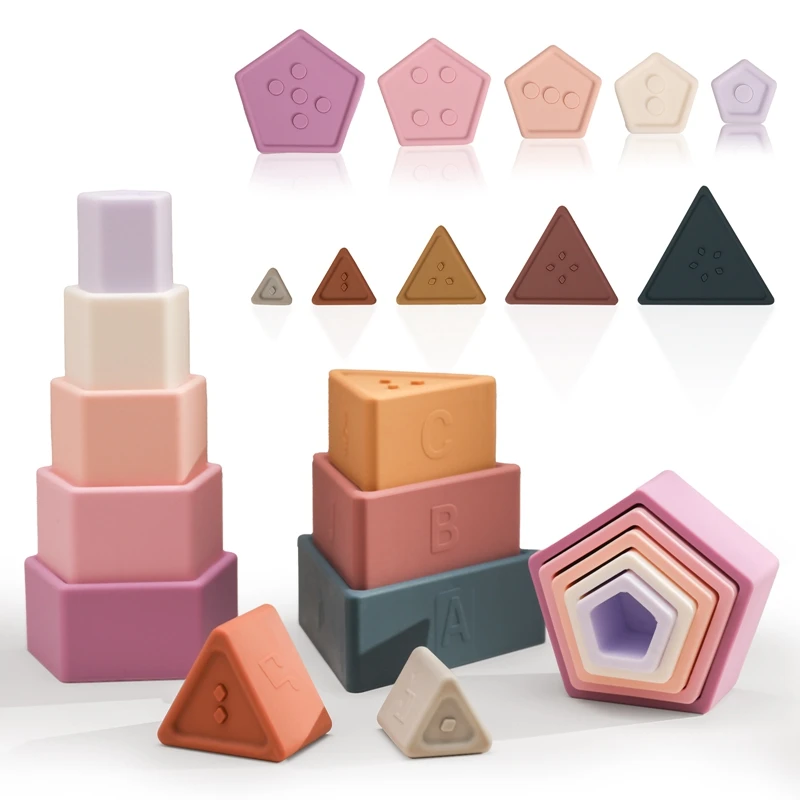 Montessori Silicone Building Blocks Toys for Child Stacking Octagon Triangle 3D Blocks Geometric Patterns Stack Toy for Baby