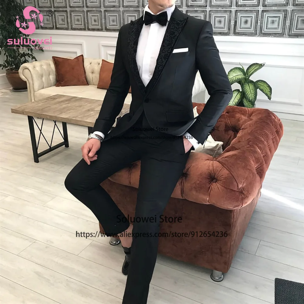 Fashion Jacquard Tuxedos Slim Fit 3 Piece Jacket Vest Pants Set Business Blazer Formal Groom Wedding Peaked Laple Suits For Men