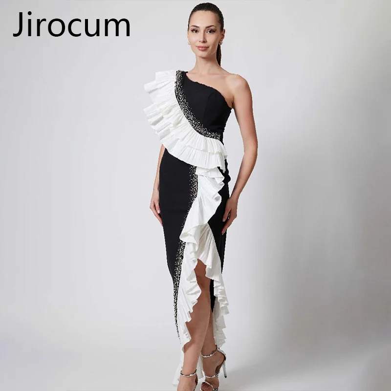 Jirocum-Vestidos de Noche de un hombro para mujer, traje Sexy de sirena sin mangas para fiesta de graduación, cuentas con volantes, vestidos formales para ocasiones, 2024