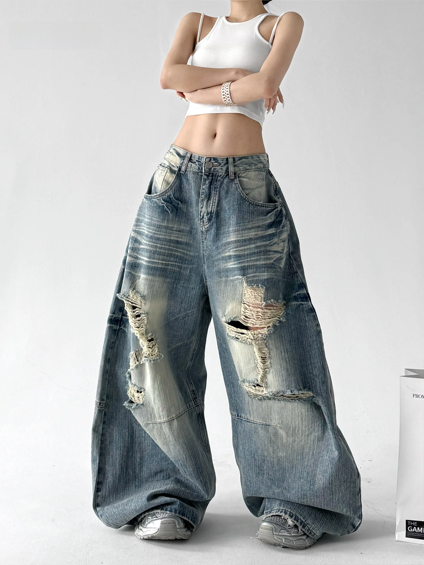 

Deep Blue Wide Leg Denim Jeans Women's Summer New Floor-Length Pants Original Design Slimming Street Sle Trendy Pants