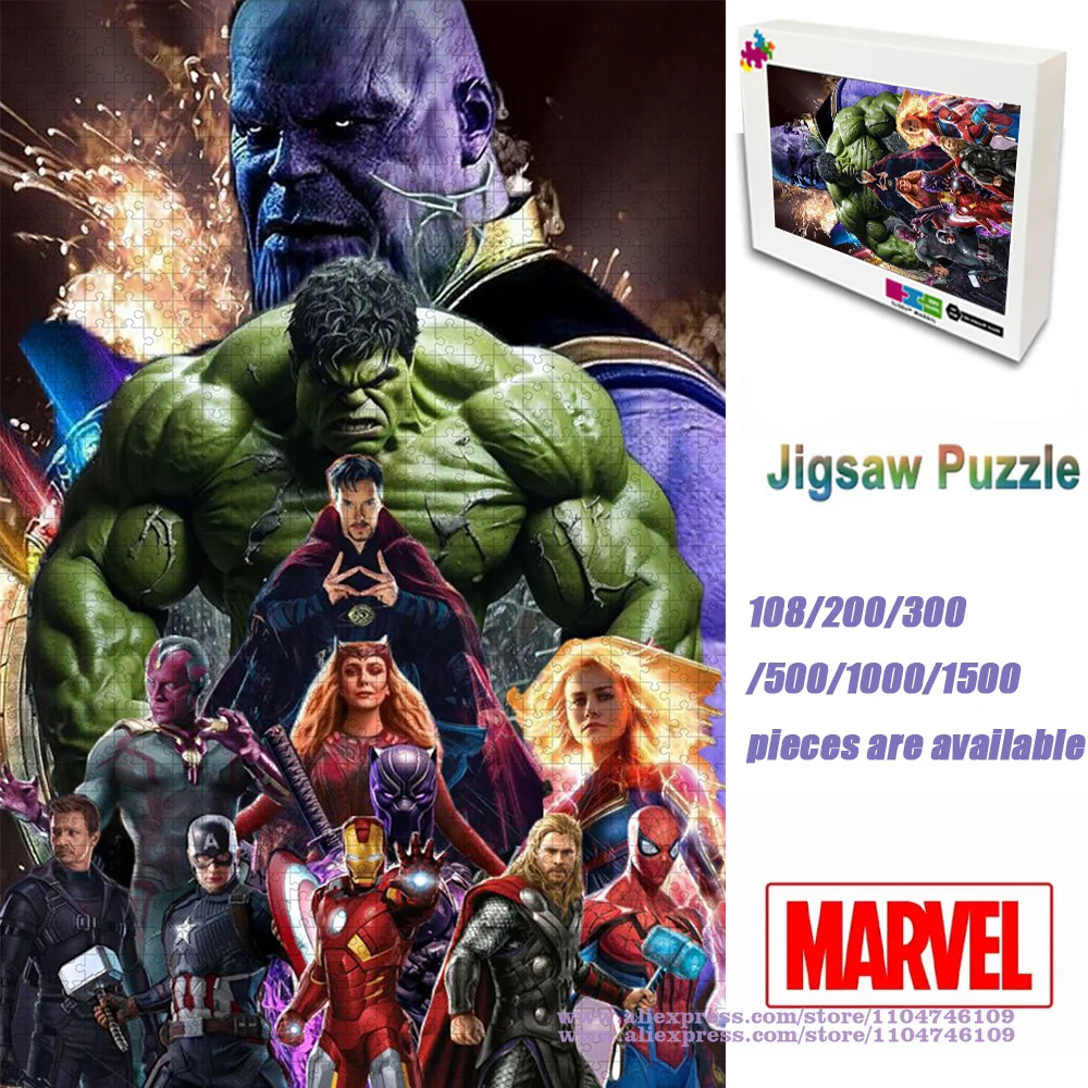 

Пазл с персонажами Marvel, 108/200/300/500/1000/1500 шт., интеллектуальные пазлы для детей и взрослых, подарок с коробкой