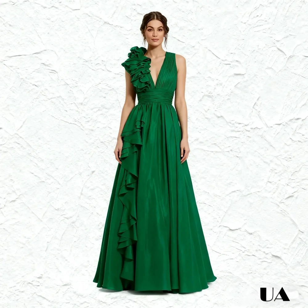 Emerald Green Ruffle Chiffon Prom Dress, Tailored Size Solid Evening Dresses for Women, Fashionable V-neck Customized Party Gown