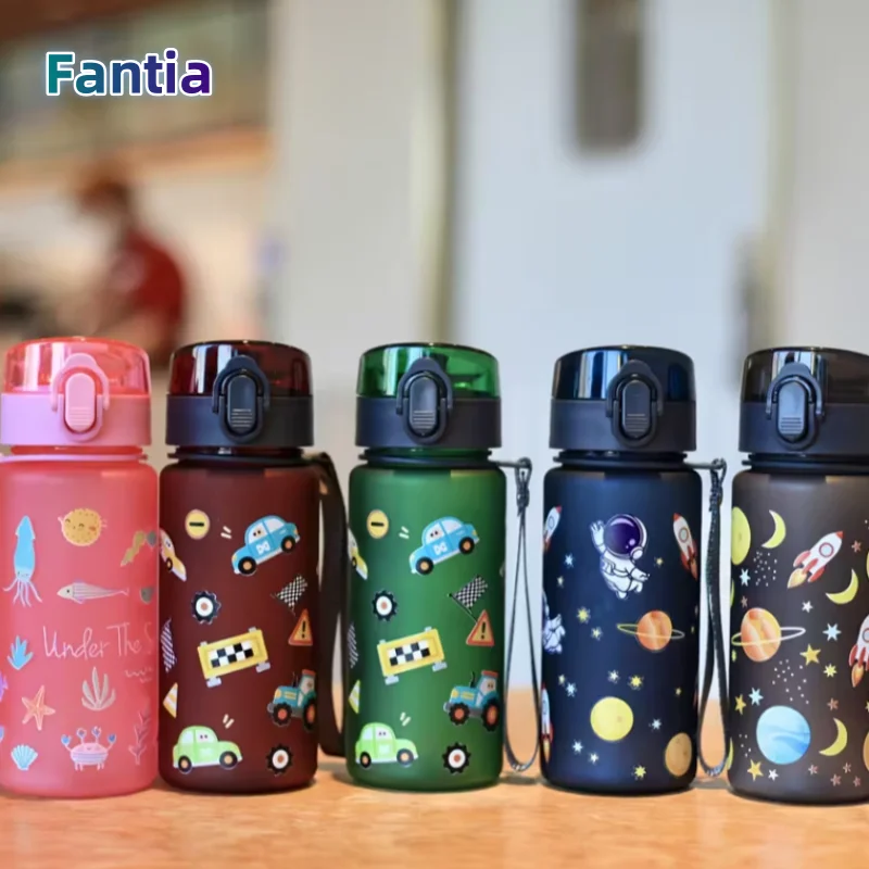 

400ml 3D Printed Space/Car Cute Pattern Portable Water Bottle with Carrying Strap, Outdoor Sports Water Bottle with 3D Design