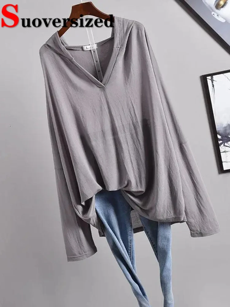 تيشيرتات بهودي بأكمام طويلة كبيرة الحجم للنساء ، كاميسيتاس فضفاض أنيق ، واقي من الشمس ، ملابس تريكت غير رسمية ، تيشيرتات كورية ، توبات سادة ، صيف