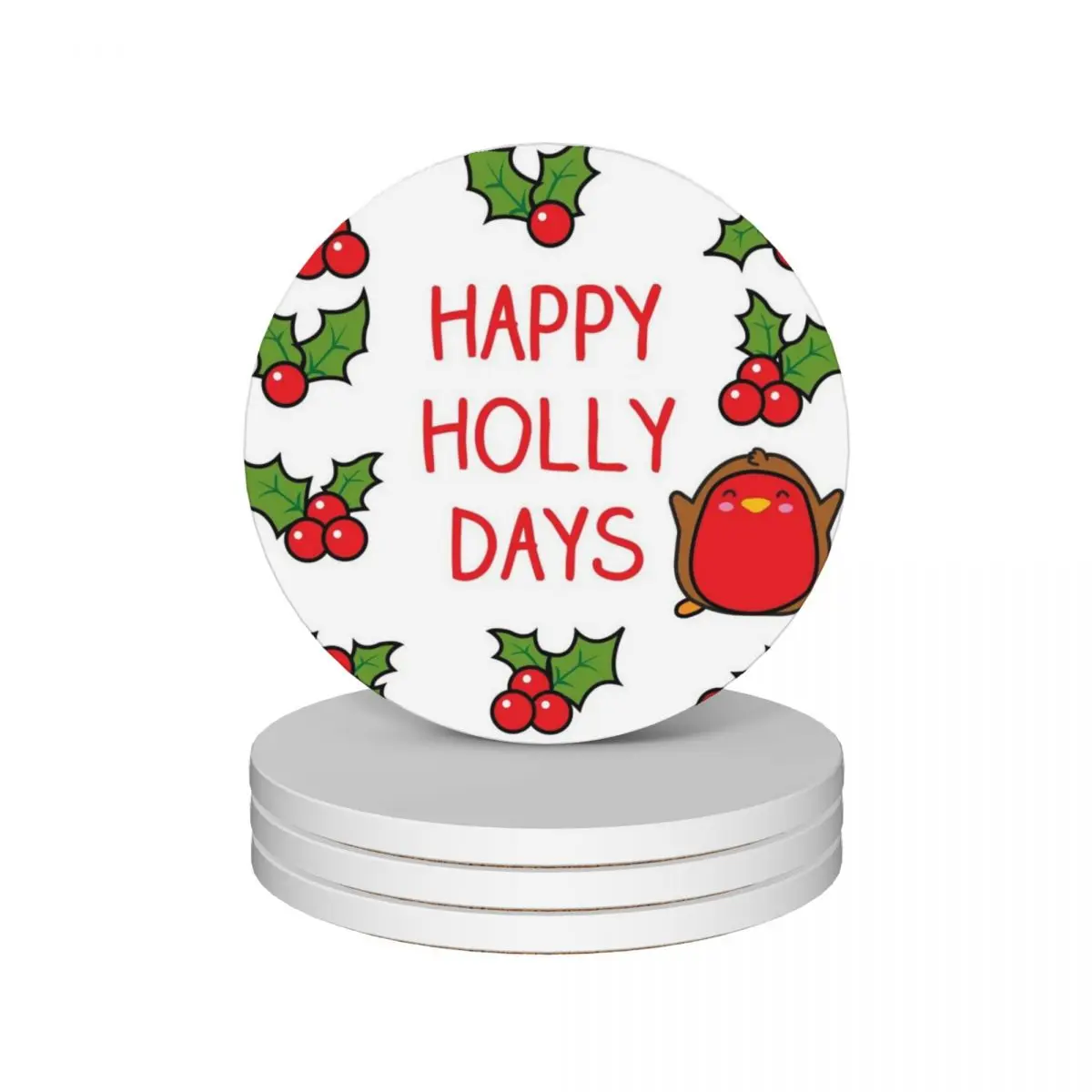 

Happy Holidays, Robin, holly, berries, pun! Ceramic Coasters (Set of 4) pot personalize customized for coffee cups Coasters