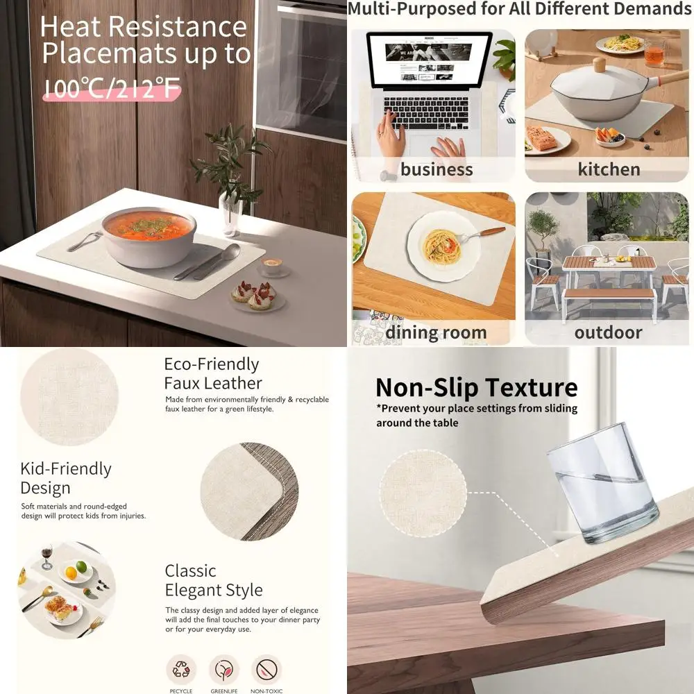

Set of 8 Waterproof, Easy Clean, Heat-Resistant Non-Slip Placemats for Indoor & Outdoor Dining, 17x12 Beige