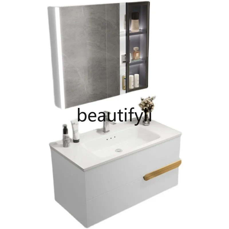 

White solid wood bathroom cabinet light luxury washbasin cabinet combination simple and modern