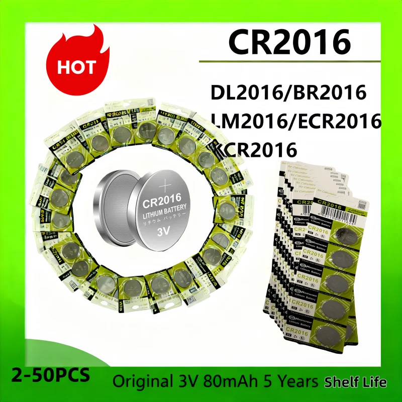 

2-50PCS CR2016 Button Battery 3V 80mAh Lithium Coin Cell For Watch Car Key Remote Computer Motherboard DL2016 ECR2016 BR2016