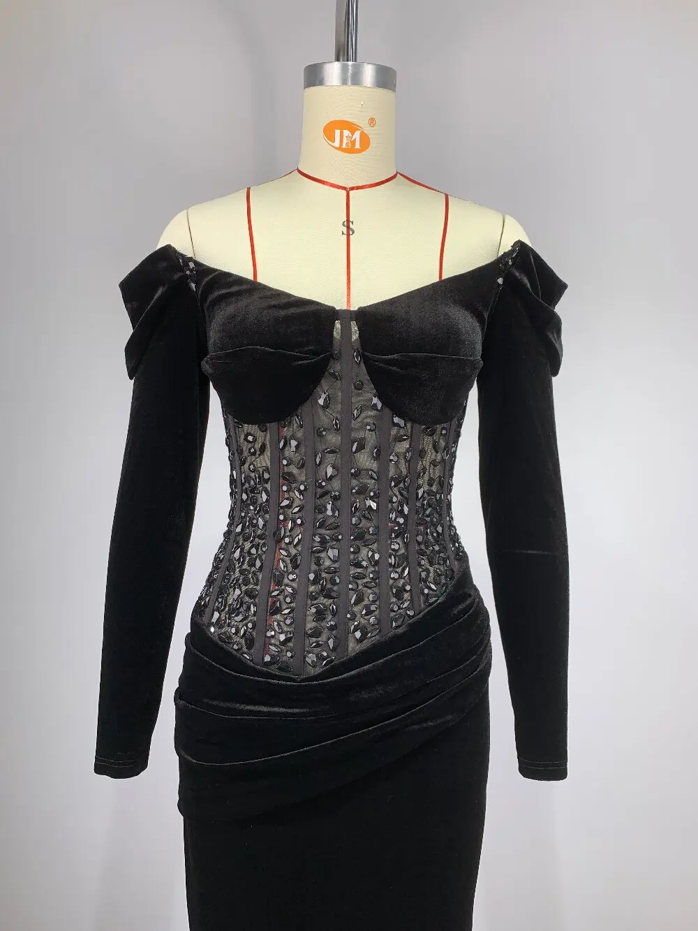 Vintage Fashion V-neck Black Dress For Women Flash Diamonds Off Shoulder Long Sleeves Chic Backless vestidos (72h Shipment)