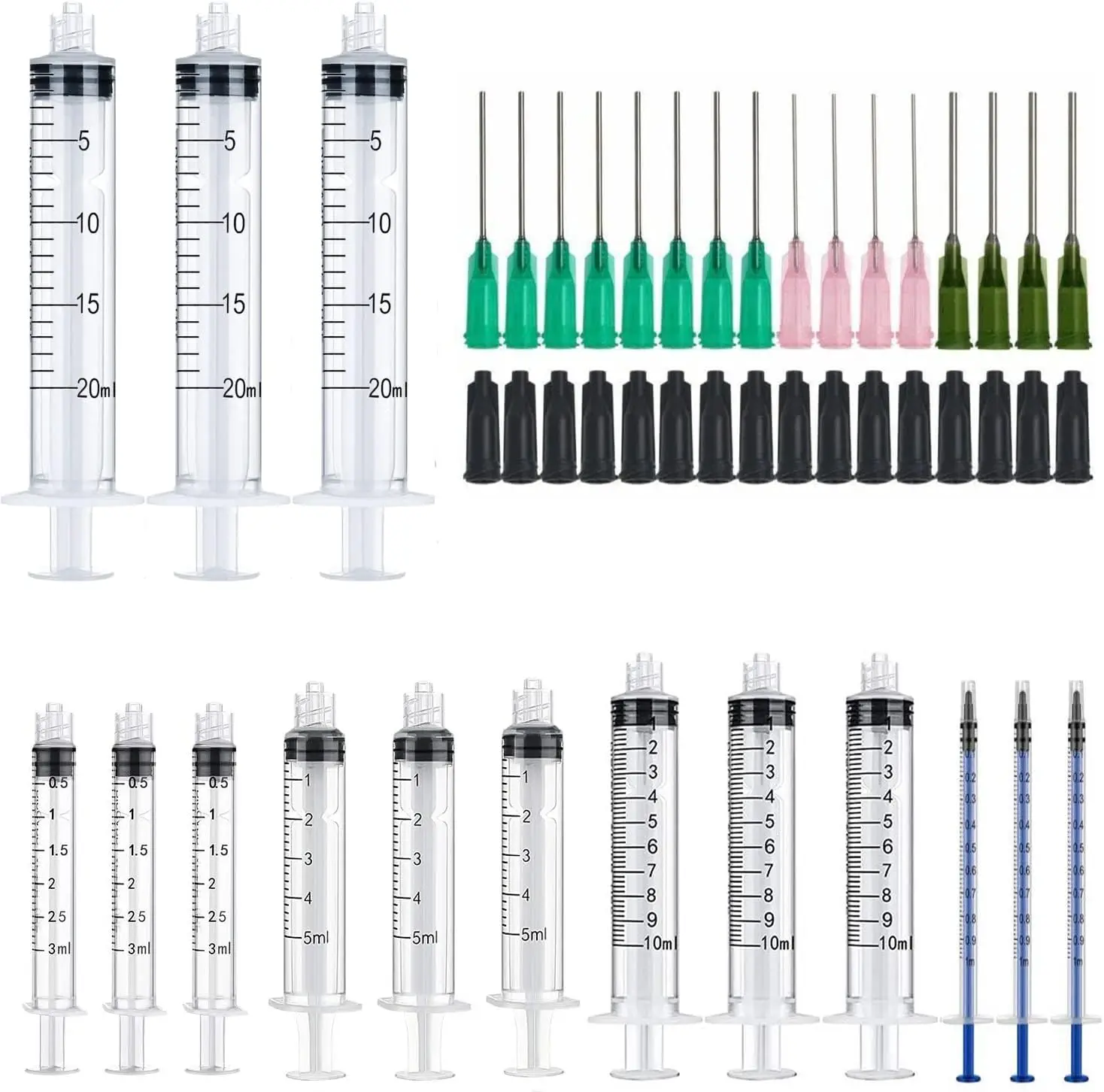 15er-Pack 20 ml, 10 ml, 5 ml, 3 ml, 1 ml Spritze mit stumpfer Spitze, Nadel und Verschluss-Set – Tintenöl- oder Kleberapplikator,