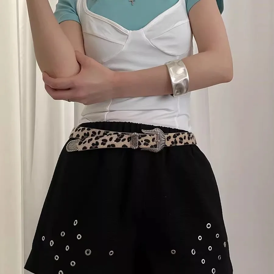 Retro Fashionable Leopard Print Belt Women American-style Versatile Casual Trendy Belt Shell Metal Buckle Cowboy Belt Man Belt