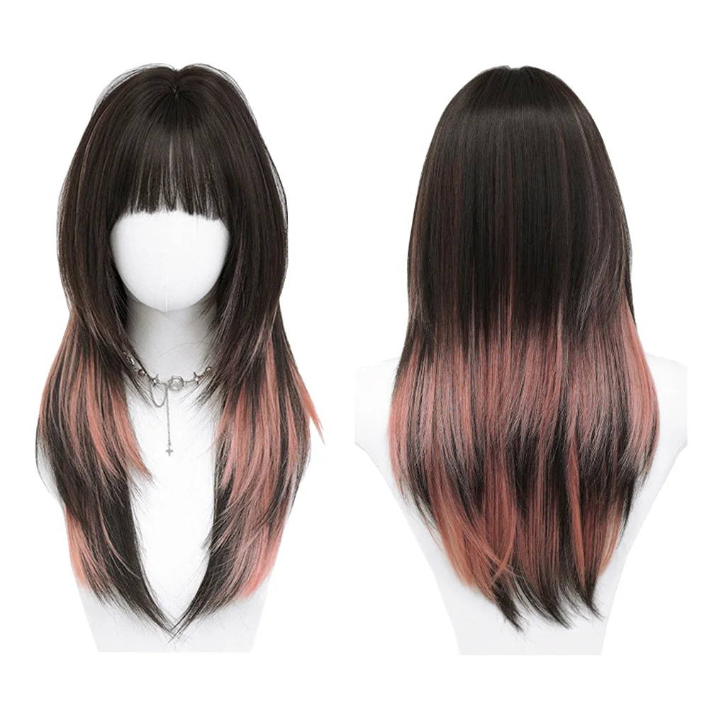 Long Straight Layered Wig With Blunt Bangs For Women Natural Looking Heat Resistant Synthetic Full Head Wig Daily Cosplay Party