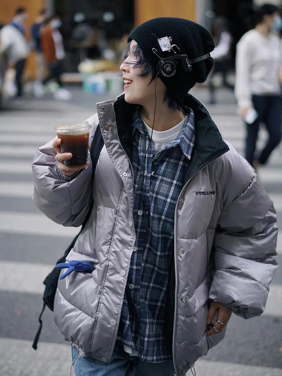 

Double-Sided Wearable Stand Collar down Jaet for Men And Women Warm Thi Outerwear Matte Silver Retro New Trend STILLYOU