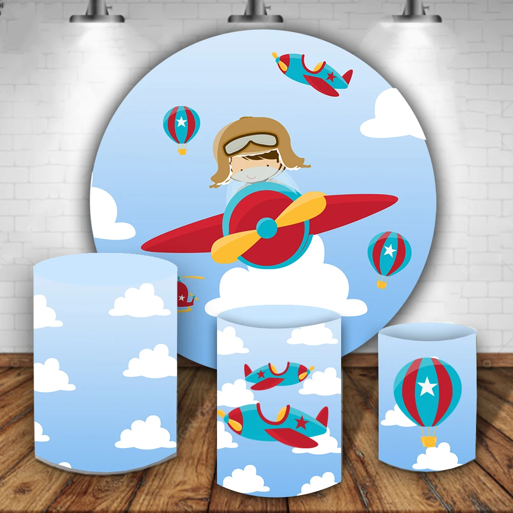 Cartoon Pilot Aviator Round Circle Background Baby Boy Birthday Party Backdrop Photography Banner Covers Column Cylinder Cover