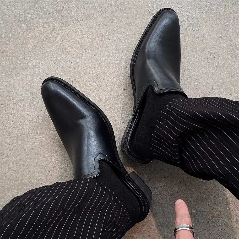Summer New Style Baotou Slippers Mueller Shoes Men Pointed Toe Thick Sole Sip On Leather Outside Casual High Heel Mules