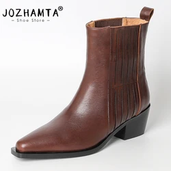 JOZHAMTA Size 34-40 Women Ankle Boots Genuine Leather Vintage Western Boots Block Heels Shoes Winter 2025 Country Daily Dress