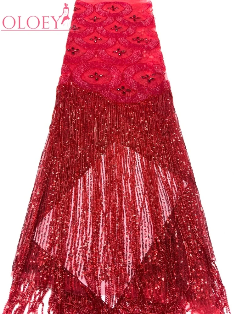 OLOEY African Beaded Fringe Lace Fabric Nigerian Bridal Sequins Tassel Embroidery French Tulle - New Arrival Materials for Weddi