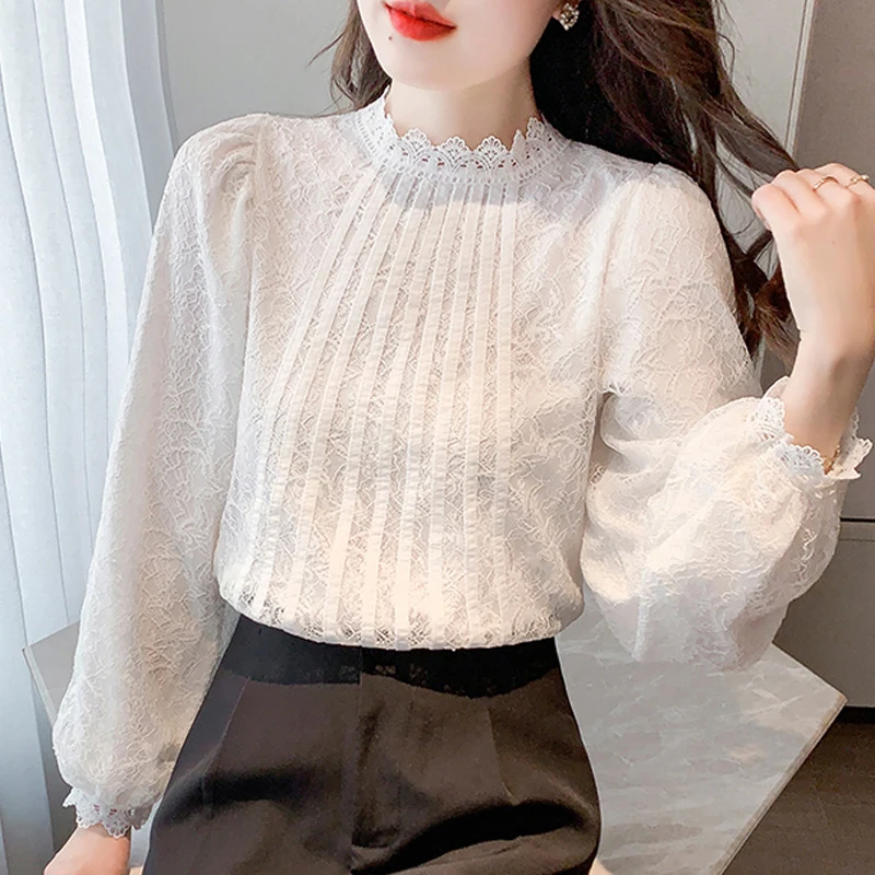 Spring Women’s Long Sleeve White Lace  Blouse Shirt Fashion Stand Up Collar Blouse Women Tops Blusa Mujer Moda 2024 Blusa H474