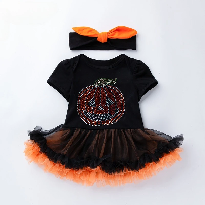 

2025 New Halloween Children's Pumpkin Pattern with Diamond Decorative Splicing Mesh Bottom Dress