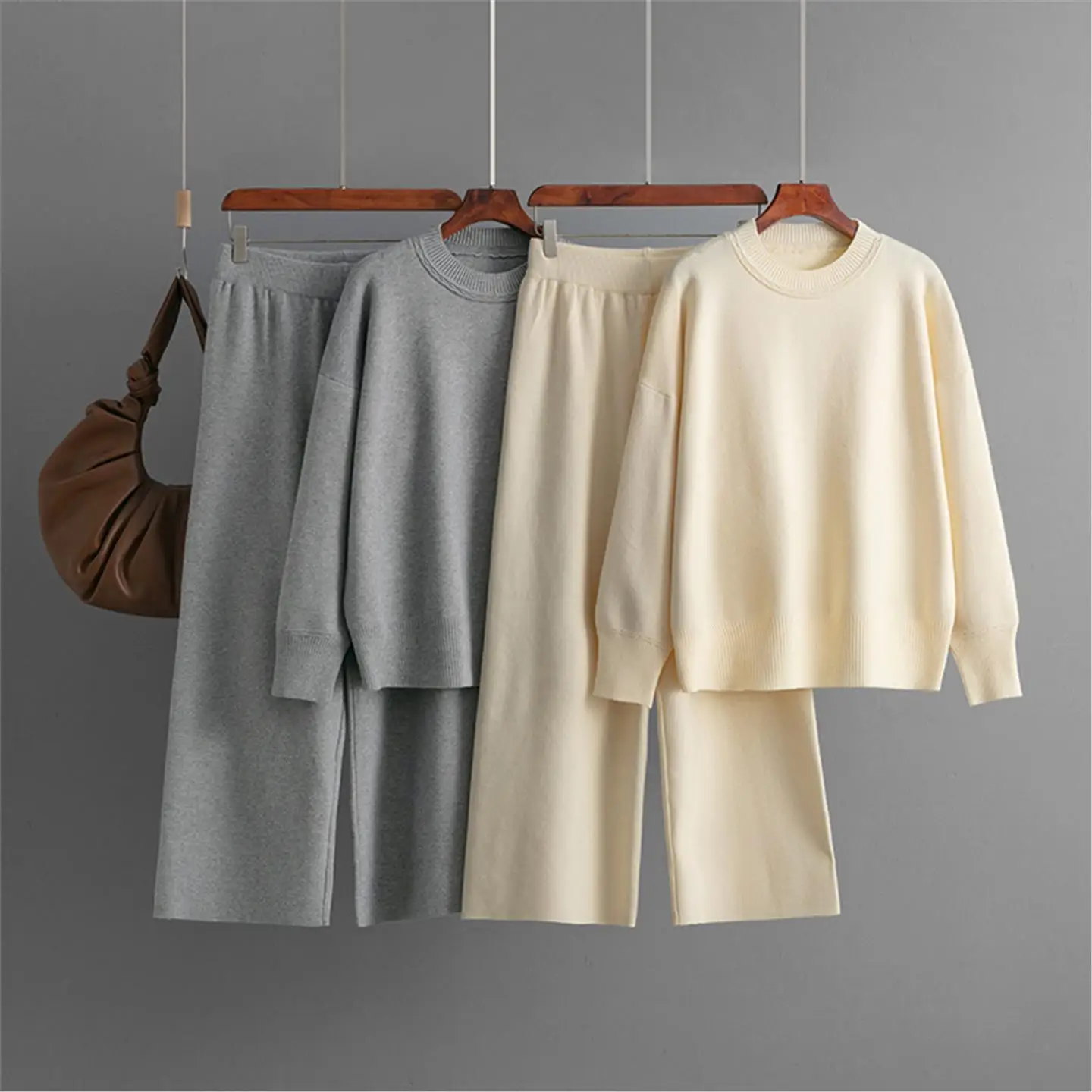 المرأة محبوك سترة عالية الخصر السراويل قطعتين مجموعة جولة Ne عارضة فضفاضة تناسب الخريف الشتاء Faion فرقة #3