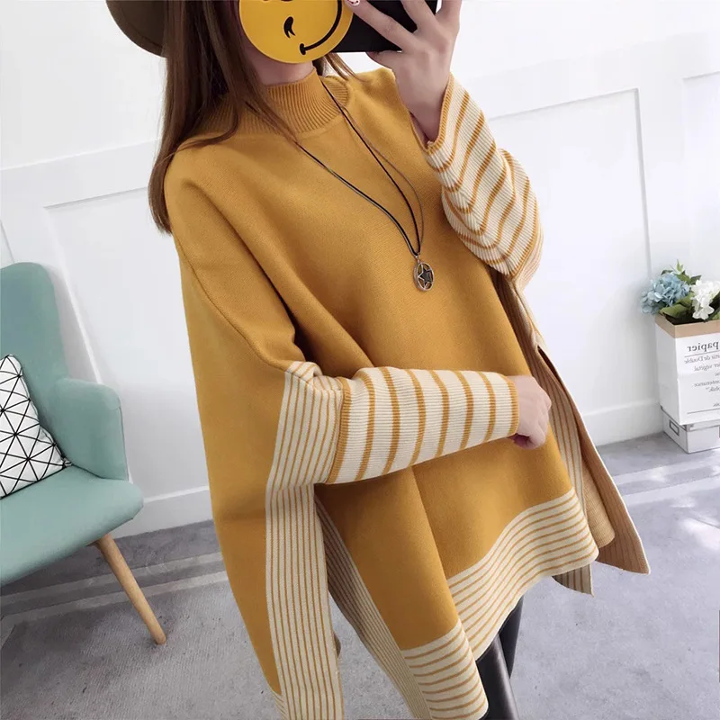 Neploe 2024 Autumn Winter O-Neck Bat Sleeve Sweater Femme Korean Simple Versatile Stripe Stitching Loose Casual Shawl Pullovers