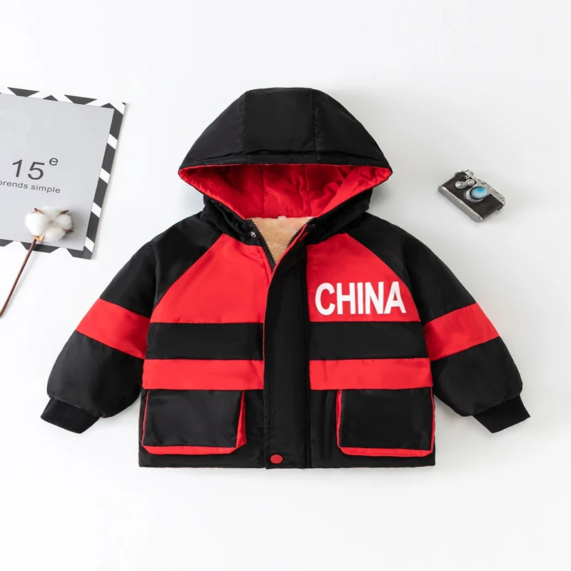 Autumn and Winter 2024 Fashion Printed Letters Casual Large Pocket Hooded Plush Thickened Workwear Cotton Clothes 2-6 Years Old