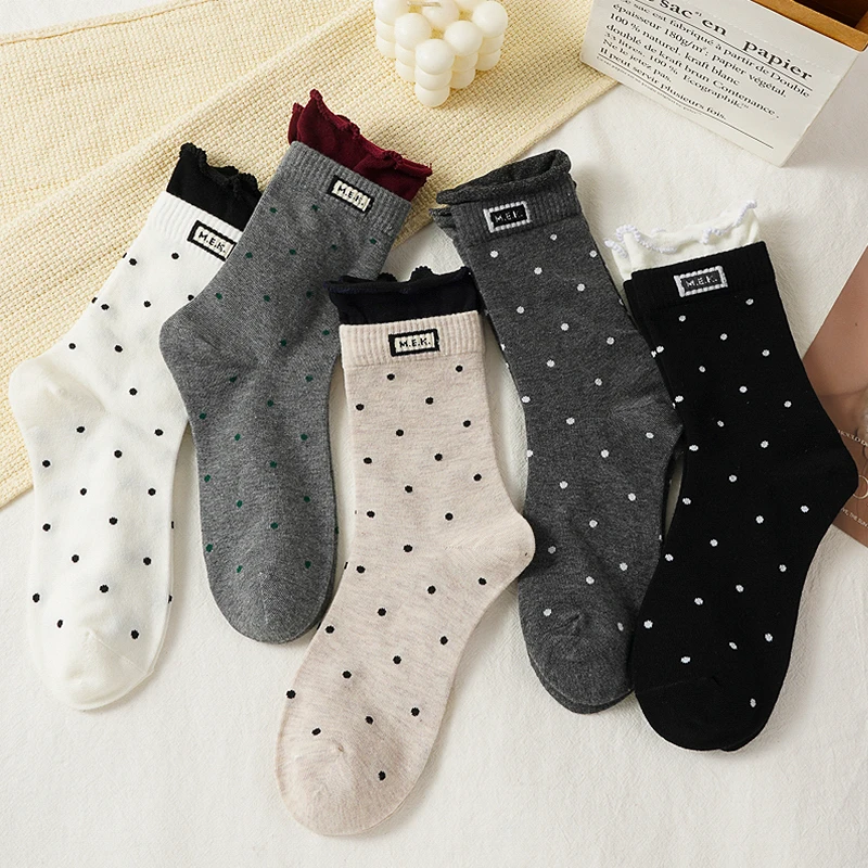 

10 Pairs Socks For Women New Dots Cute Frilly Casual Fashion Long Socks Breathable Ladies Novelties Socks Cotton Soft Comfy