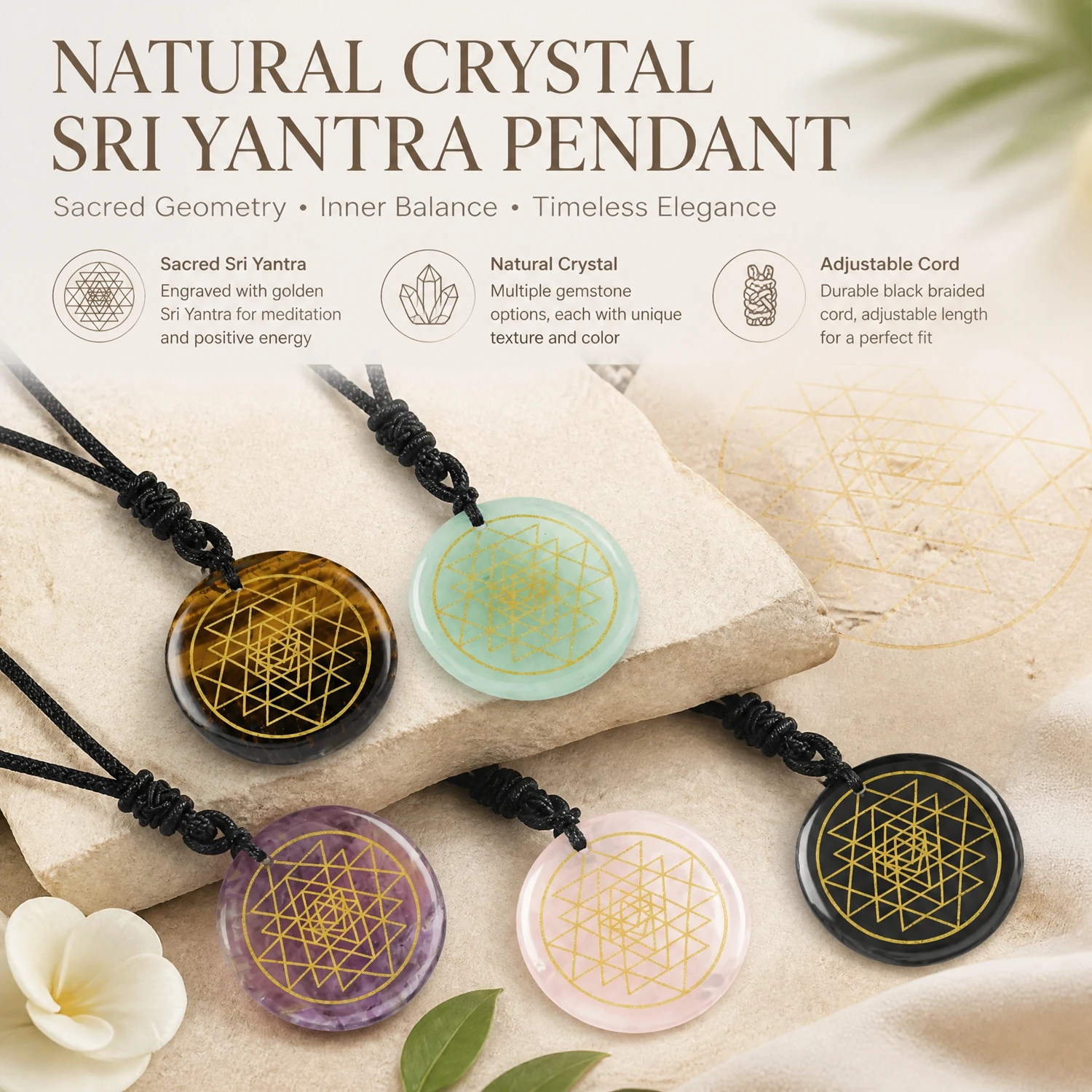 Natural Crystal Quartz Yoga Sri Yantra Symbol Meditation Shiva Shakti Masculine Feminine Divine Reiki Healing Pendants Necklaces