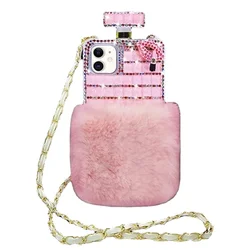 Luxury Bling Diamond Fur Perfume Bottle Cover, Mobile Phone Case for iPhone 16 Plus, 11, 12, 13, 14, 15 Pro Max